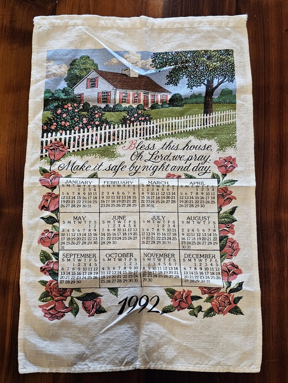 1992 Floral Calendar Kitchen Tea Towel with House Scene